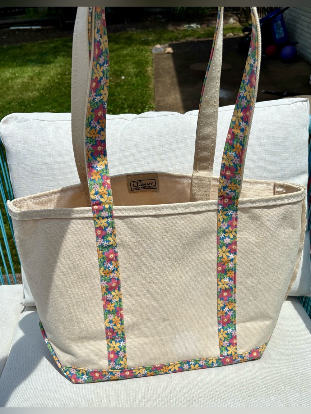 LL Bean Vintage Rare 90s Floral Trim Boat And Tote rugged canvas Bag medium